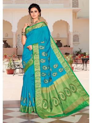 Blue Woven Silk Blend Saree With Blouse 1