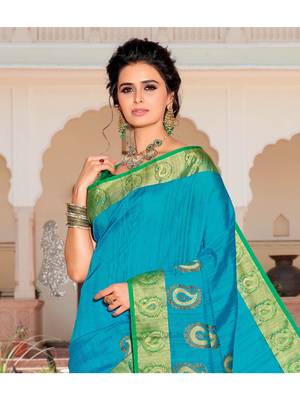 Blue Woven Silk Blend Saree With Blouse 2
