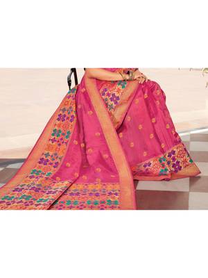 Pink Woven Silk Blend Saree With Blouse 3