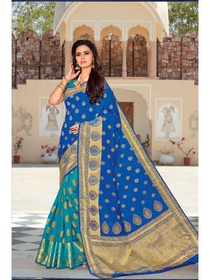 Turquoise Woven Silk Blend Saree With Blouse 1