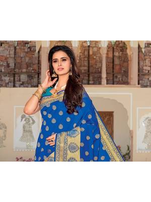Turquoise Woven Silk Blend Saree With Blouse 2