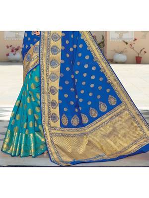 Turquoise Woven Silk Blend Saree With Blouse 3