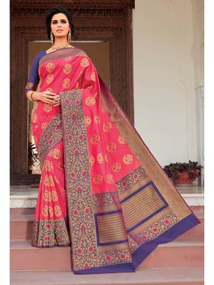 Pink Woven Silk Blend Saree With Blouse 1
