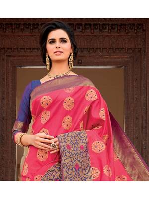 Pink Woven Silk Blend Saree With Blouse 2