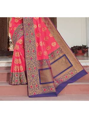 Pink Woven Silk Blend Saree With Blouse 3