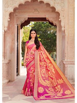 Pink Woven Silk Blend Saree With Blouse 1