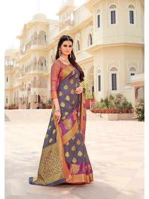 Grey Woven Silk Blend Saree With Blouse 1