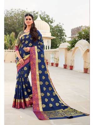 Blue Woven Silk Blend Saree With Blouse 1