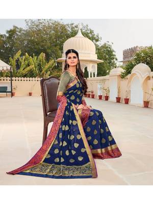 Blue Woven Silk Blend Saree With Blouse 2