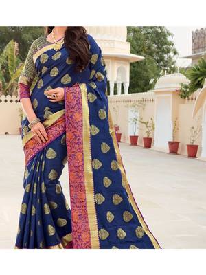 Blue Woven Silk Blend Saree With Blouse 3