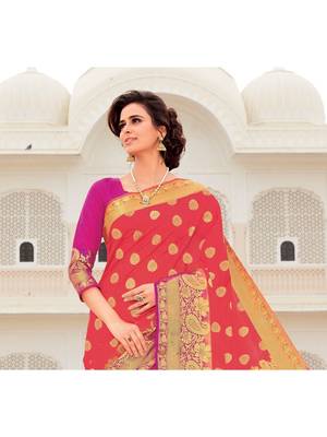 Red Woven Silk Blend Saree With Blouse 2
