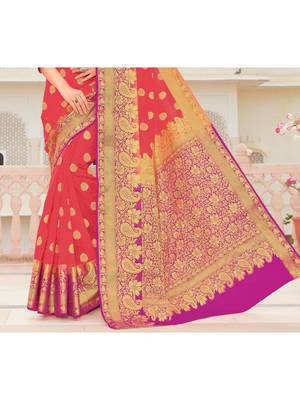 Red Woven Silk Blend Saree With Blouse 3