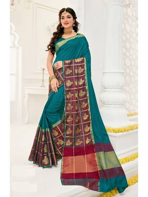 Turquoise Embroidered Art Silk Saree With Blouse 1