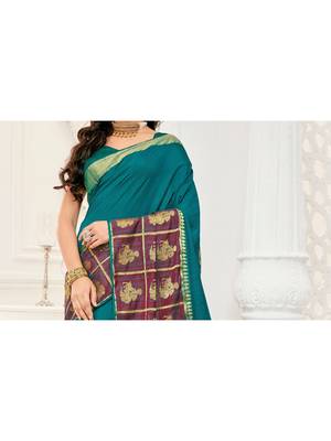 Turquoise Embroidered Art Silk Saree With Blouse 2