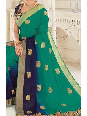 Turquoise Embroidered Art Silk Saree With Blouse 3