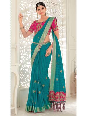 Turquoise Embroidered Art Silk Saree With Blouse 1