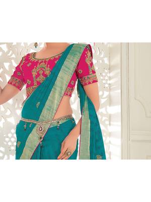 Turquoise Embroidered Art Silk Saree With Blouse 2