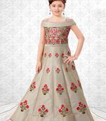 Beige embroidered dupion silk kids-girl-gowns