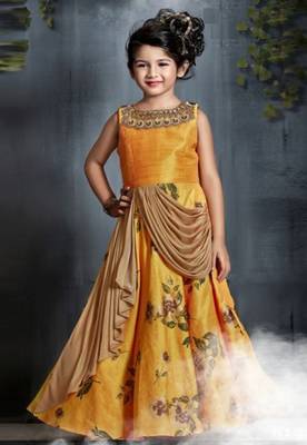 Yellow printed fancy fabric kids-girl-gowns 1