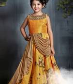 Yellow printed fancy fabric kids-girl-gowns