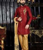 Maroon embroidered art silk kurta-pajama