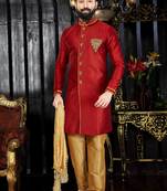 Red embroidered art silk kurta-pajama