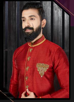 Red embroidered art silk kurta-pajama 2