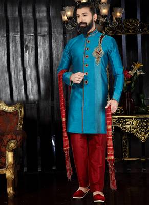 Blue embroidered art silk kurta-pajama 1