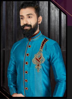 Blue embroidered art silk kurta-pajama 2