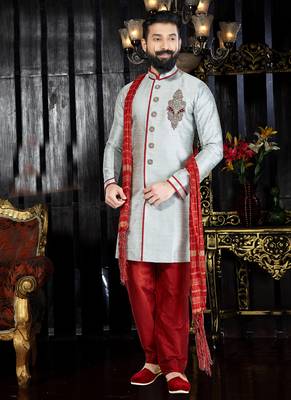 Grey embroidered art silk kurta-pajama 1