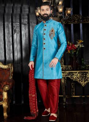 Blue embroidered art dupion silk kurta-pajama 1