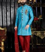Blue embroidered art dupion silk kurta-pajama