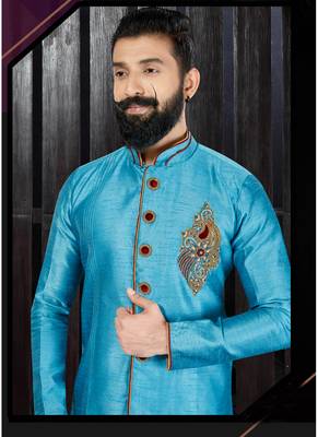 Blue embroidered art dupion silk kurta-pajama 2