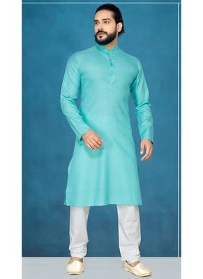 Green plain cotton poly kurta-pajama 1