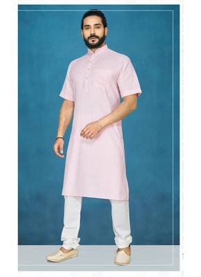Pink plain cotton poly kurta-pajama 1