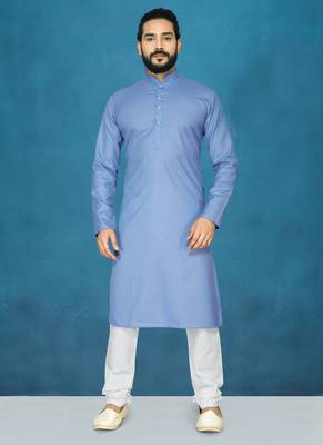 Blue plain cotton poly kurta-pajama 1