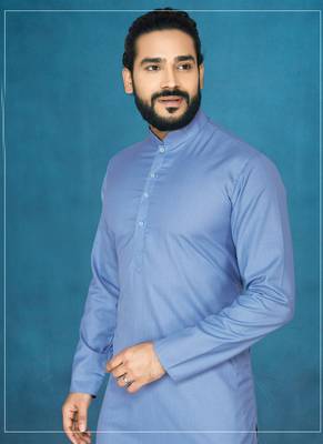 Blue plain cotton poly kurta-pajama 2