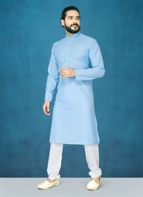 Blue plain cotton poly kurta-pajama 1