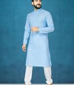 Blue plain cotton poly kurta-pajama