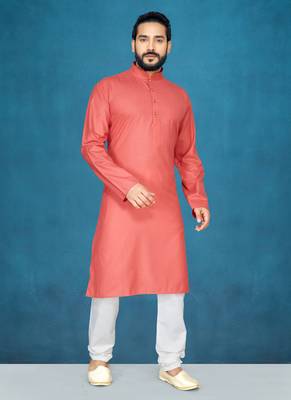 Red plain cotton poly kurta-pajama 1