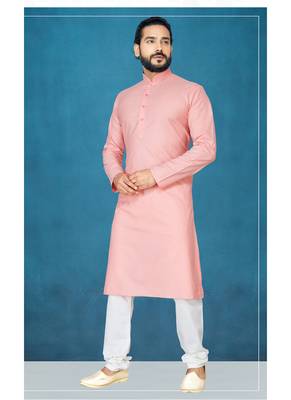Pink plain cotton poly kurta-pajama 1
