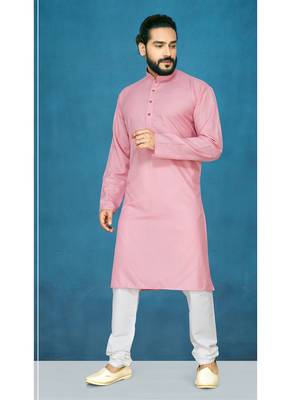 Pink plain cotton poly kurta-pajama 1