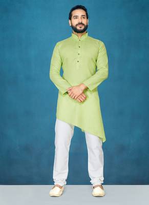 Green plain cotton poly kurta-pajama 1