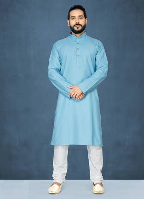Blue plain cotton poly kurta-pajama 1