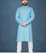 Blue plain cotton poly kurta-pajama