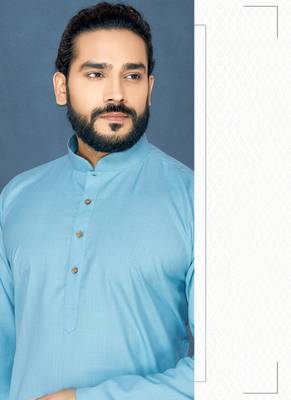 Blue plain cotton poly kurta-pajama 2