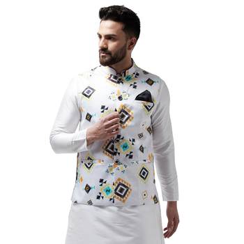 White Printed Satin Nehru Jacket 1