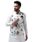 White Printed Satin Nehru Jacket