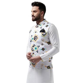 White Printed Satin Nehru Jacket 2