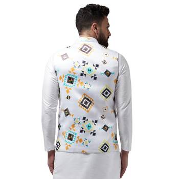 White Printed Satin Nehru Jacket 3